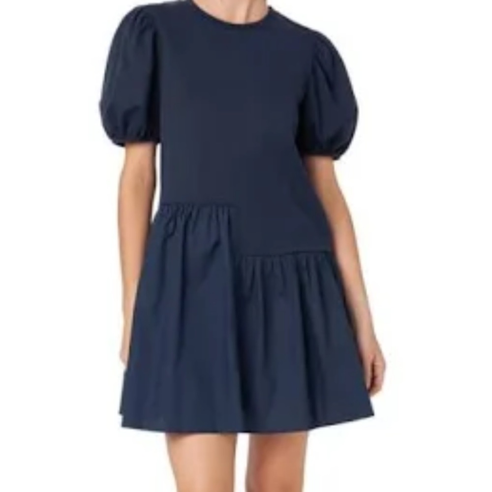 The English Factor Dress- Puff shoulder mixed media mididress